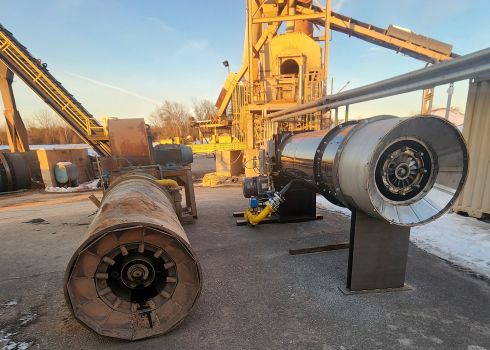 Old asphalt burner on left and new HADES burner on right