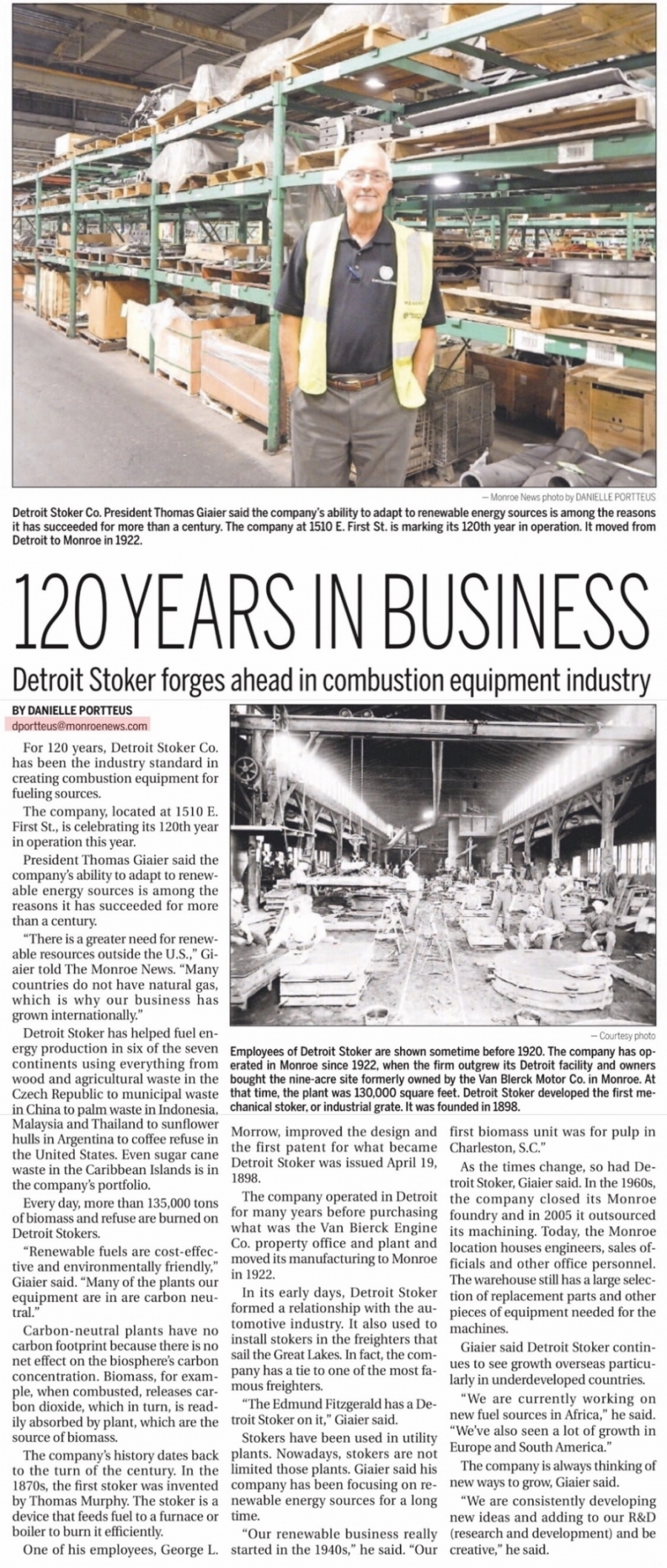 News clipping about Detroit Stoker celebrating 120 years in business.